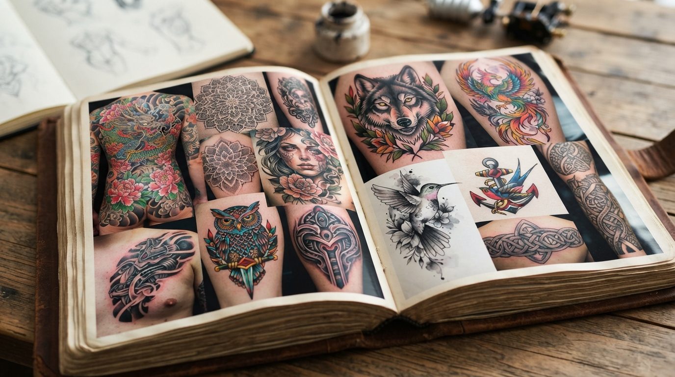 Tatoveringskunstners portfolio med eksempler på forskellige stilarter