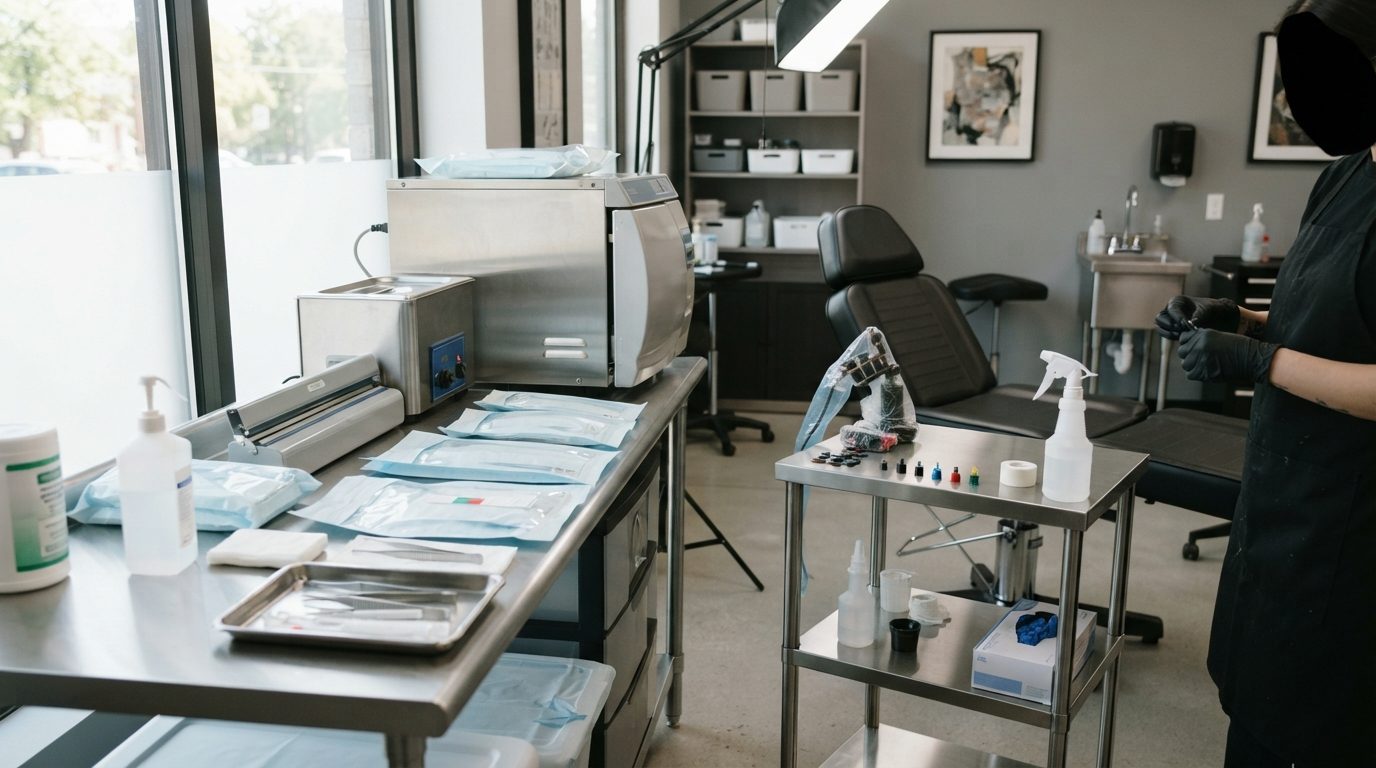 Moderne tatoveringsstudio med sterilt udstyr og professionel indretning