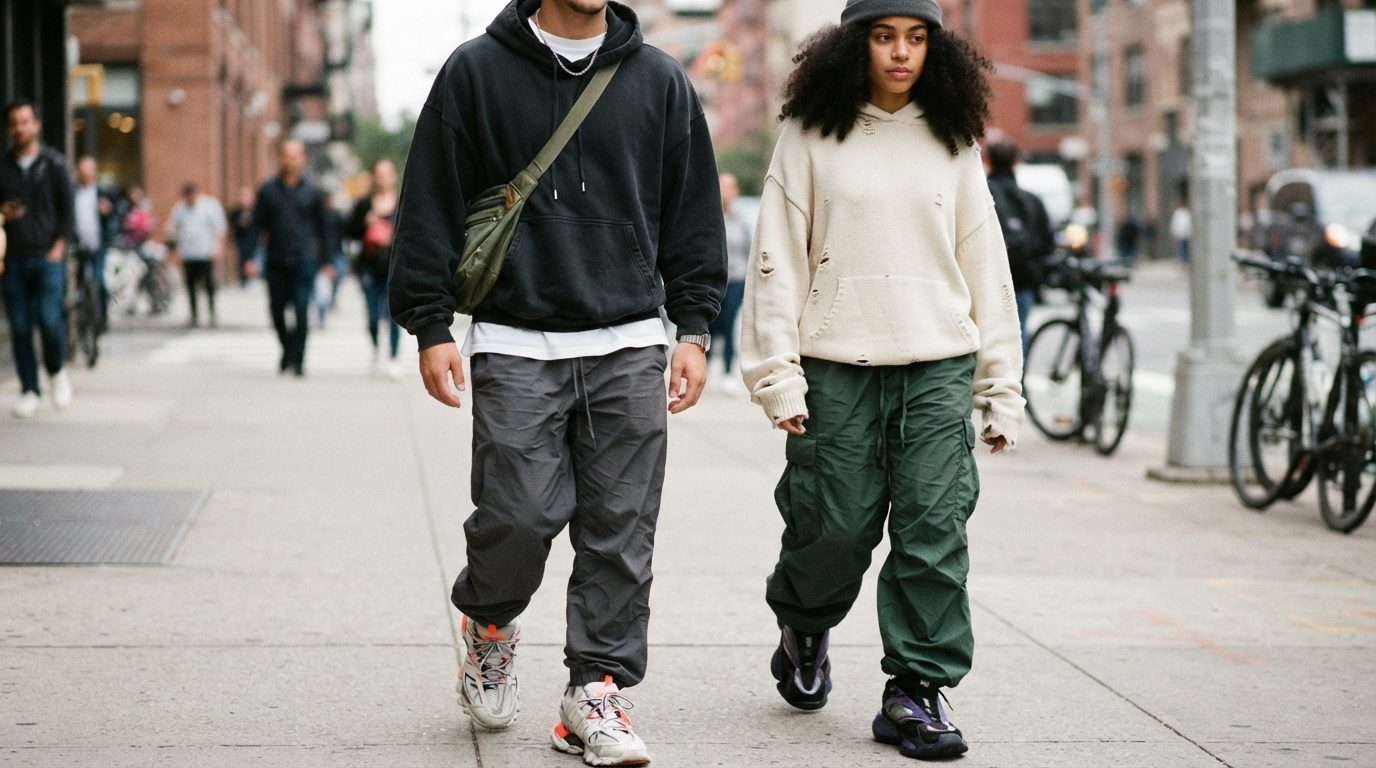 Streetwear-detaljer med oversized hoodie, track pants og statement sneakers