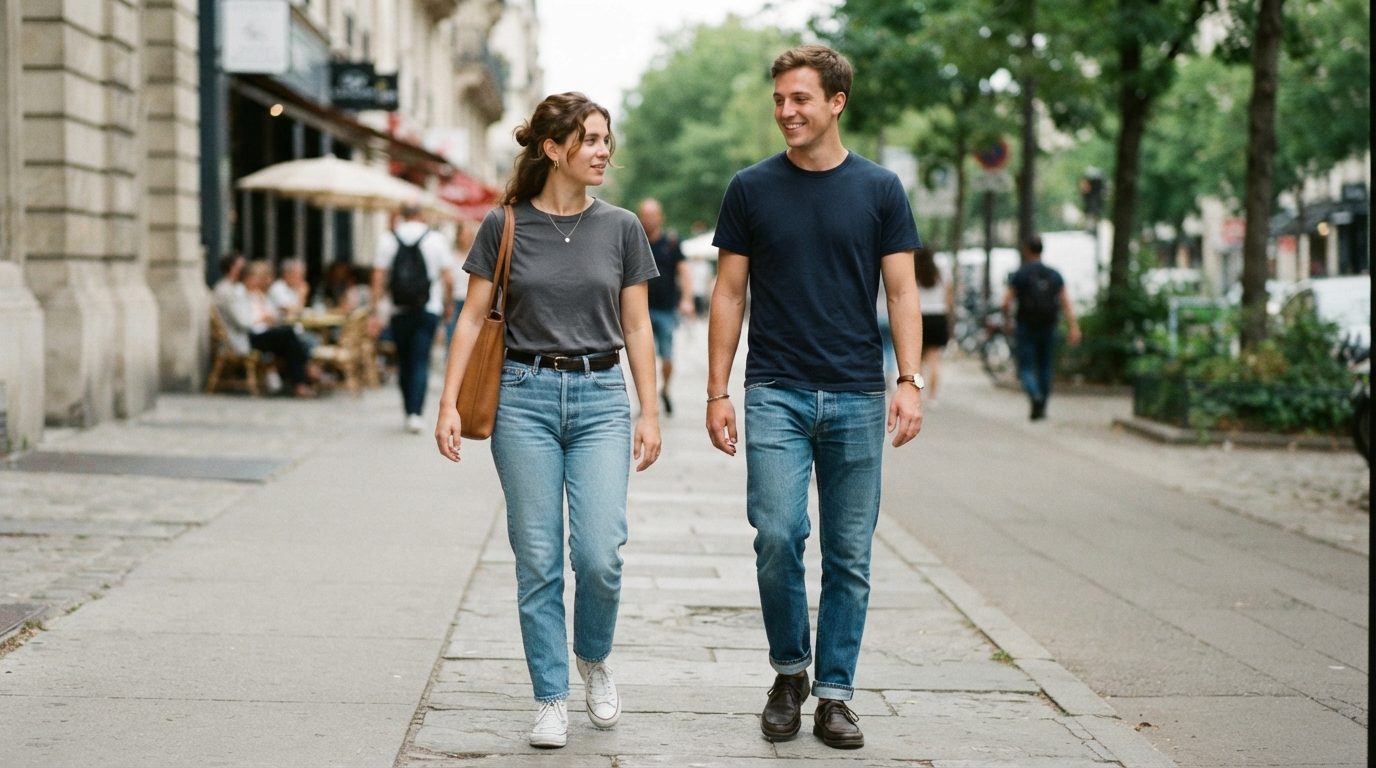 Casual basic-garde med simple t-shirts, klassiske jeans og minimale accessories