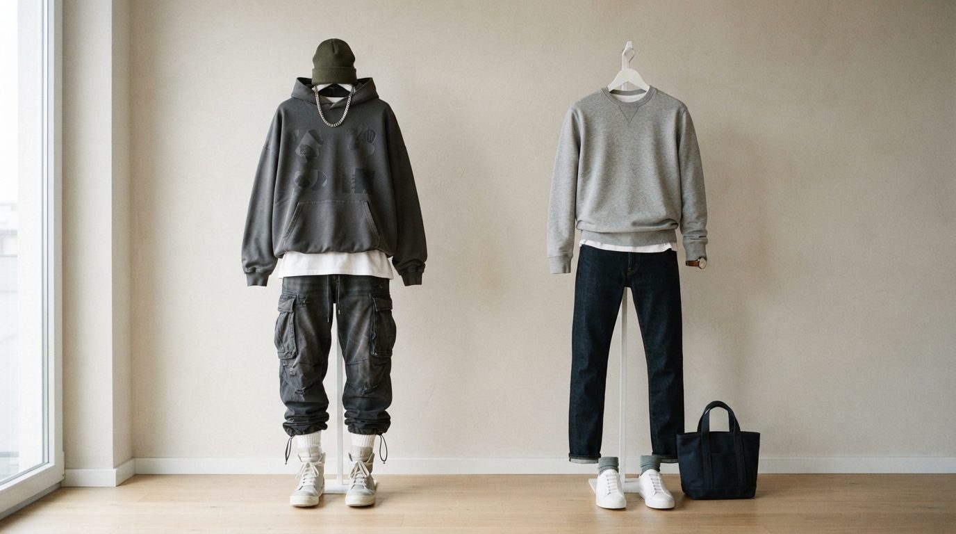 To stilforskellige outfits: streetwear med oversized snit og casual basic stil