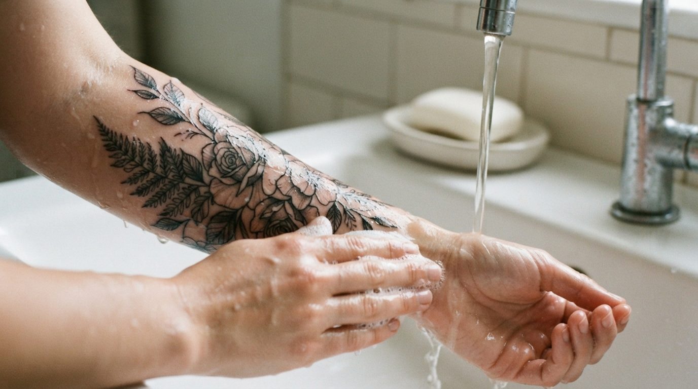 Ny tatovering bliver forsigtigt vasket under lunkent vand med mild sæbe