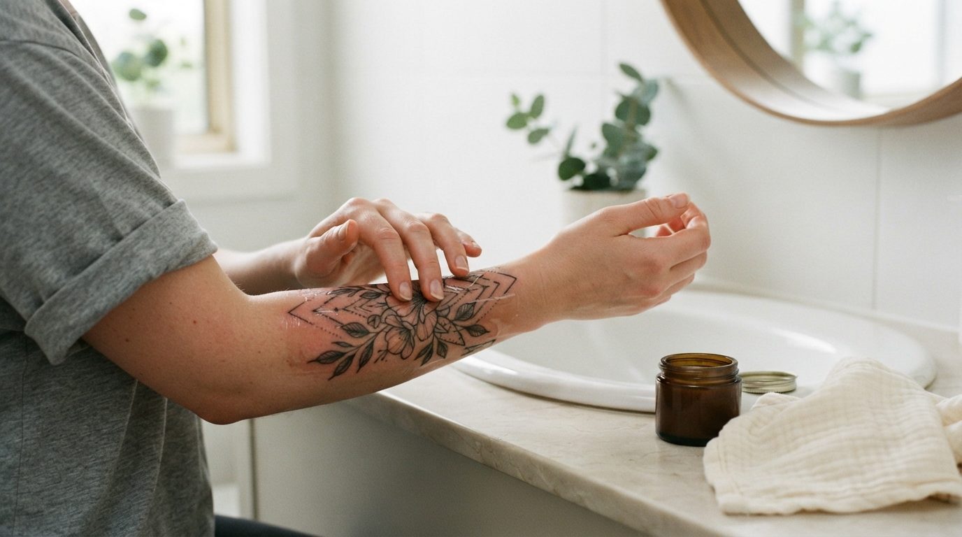 Nytattoveret område hvor helingsalve påføres med ren hånd