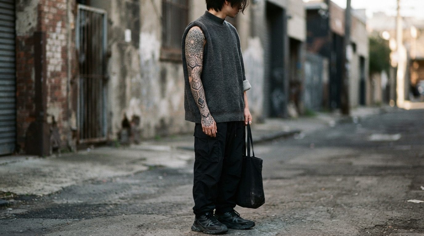 Geometrisk tatoveringssleeve med monokromatisk streetwear