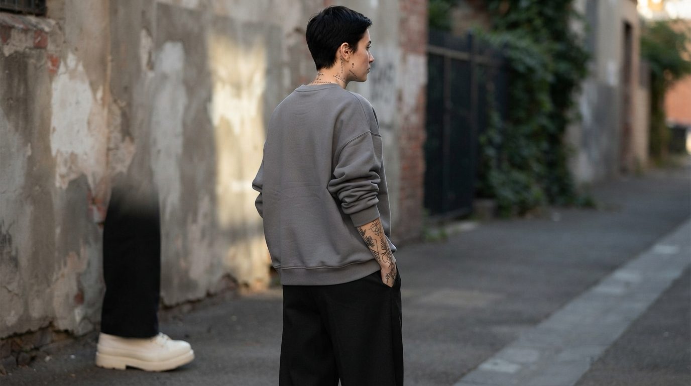 Minimalist streetwear-outfit der viser fine-line tatoveringer
