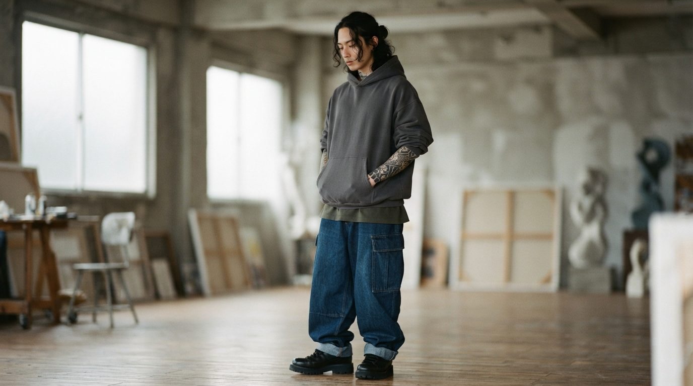Person i streetwear med synlige tatoveringer på arme og hals